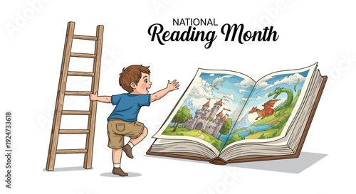 A young boy climbs a ladder to explore an open book with a fantastical castle illustration during National Reading Month, promoting literacy and reading awareness.