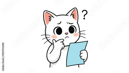 Confused white cat character thinking deeply while looking at a blue document or letter with a question mark symbol nearby for ideas.