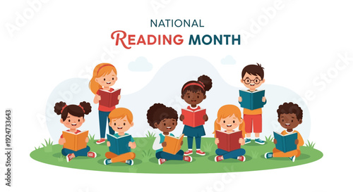 Illustration of diverse kids and a teacher celebrating National Reading Month with books on green grass against a white background with a shallow depth of field conveying a joyful mood.