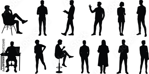 Black silhouettes of a diverse group of people in various poses including sitting standing working with laptops and talking isolated on a white background