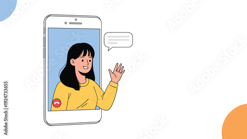 Young woman waving happily during a video call on a smartphone screen with a notification bubble floating next to the mobile device.