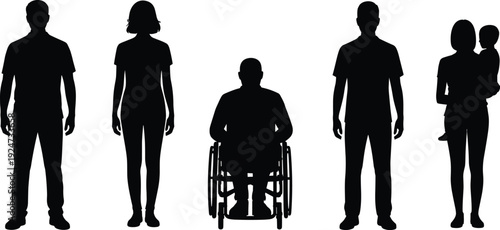 Black silhouettes of a diverse group of men and women including a person in a wheelchair and a mother holding a baby isolated on white