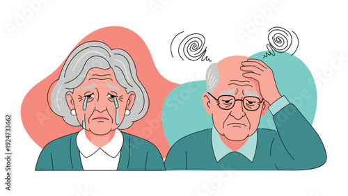 Elderly couple expressing deep sadness and grief where the woman is crying with tears and the man has a headache while looking down.