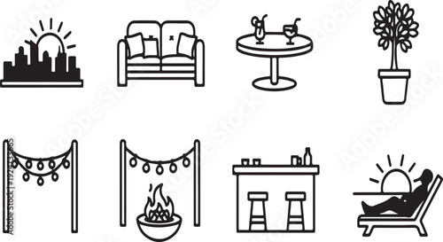 A variety of home and garden decorations and furniture items Vector