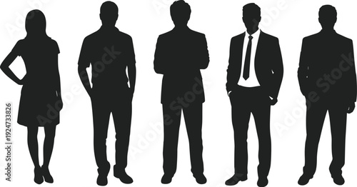 Black silhouettes of a diverse group of professional business people and a multi generational family walking and standing isolated on a white background