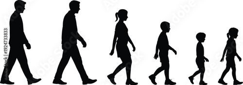 Black silhouettes of a diverse family group with men women and children of various ages walking in a row isolated on white background