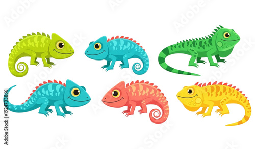 Colorful cartoon chameleon and iguana lizard character icons flat vector set isolated on white background