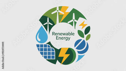 Renewable energy sources circular logo with solar panel wind turbines and eco friendly icons on white background