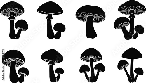 Black silhouette of mushroom collection featuring various forest fungi with gills and caps isolated on white background cad drawing flat vector illustration