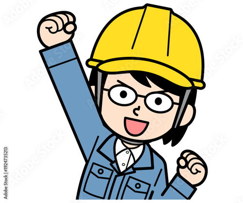 気合を入れるヘルメットをかぶった現場監督の中年女性