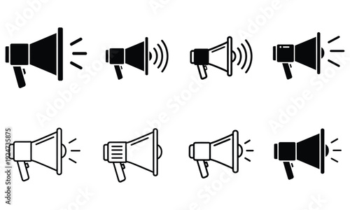 A collection of eight different megaphone icons in black and white
