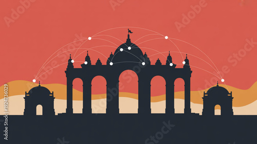 Vector illustration of a majestic heritage building with arches and domes against a vibrant orange sunset background with network connections