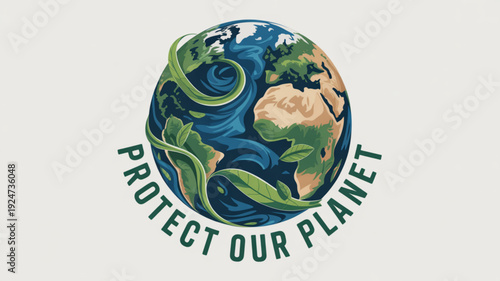 Earth with green leaves and swirling waves protect our planet eco friendly logo environmental conservation symbol