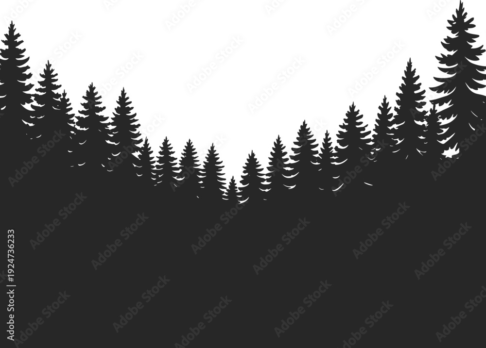 Obraz premium Dense pine forest silhouette landscape with evergreen trees isolated on white background, detailed woodland border vector illustration for nature, outdoor, and rustic design projects