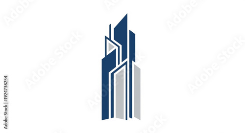 Modern architectural design of a tall skyscraper building in a city skyline.