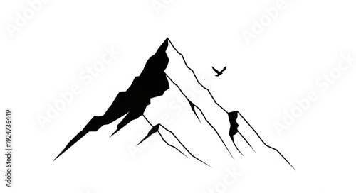 Silhouette of majestic mountains with a soaring bird against a clear sky, natures beauty.
