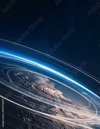 Earth's Orbital Symphony: The mesmerizing arc of a satellite's path around Earth, weaving a luminous trail across the canvas of space, symbolizing exploration and connectivity.