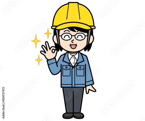 OKするヘルメットをかぶった現場監督の中年女性