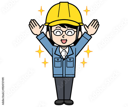 喜んでいるヘルメットをかぶった現場監督の中年女性