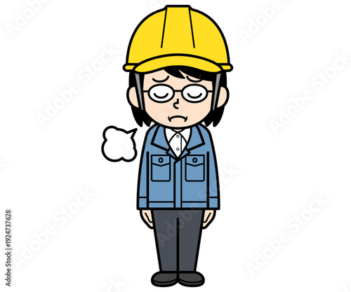 ため息をつくヘルメットをかぶった現場監督の中年女性