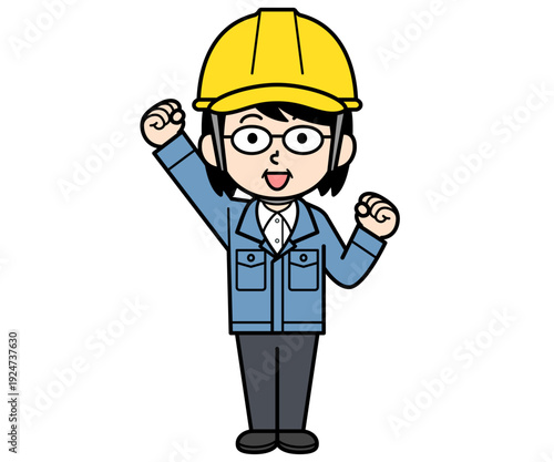 ヘルメットをかぶった元気な現場監督の中年女性
