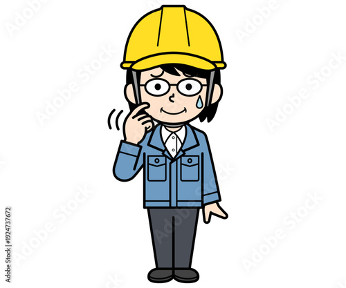 動揺するヘルメットをかぶった現場監督の中年女性