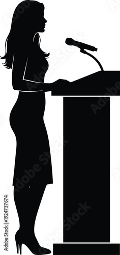 Silhouette of a professional woman speaking at a podium with microphone during a business conference, seminar, or public keynote presentation.Silhouette of 