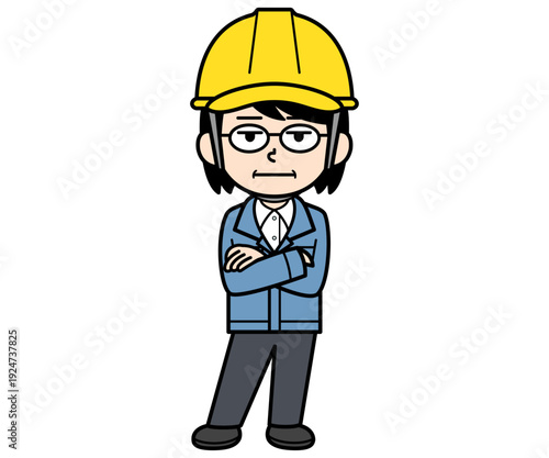 呆れているヘルメットをかぶった現場監督の中年女性