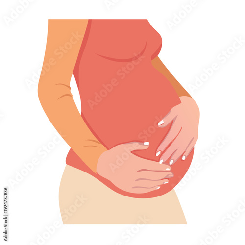 pregnant woman holding her belly with her hands vector flat illustration
