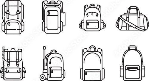 Eight different types of backpacks, each with unique features and designs Vector