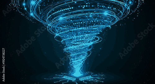 Dynamic digital tornado swirling in an abstract futuristic cyberspace with glowing blue lights and data streams
