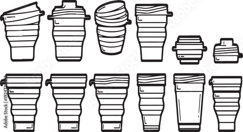 Assorted stacked containers and cups in various designs and sizes Vector