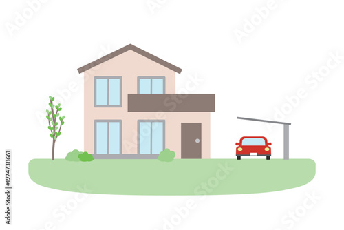 カーポートとシンボルツリーのある一軒家