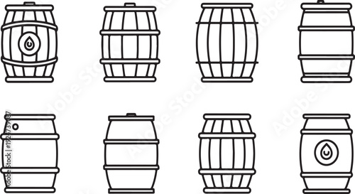 A collection of various types of barrels and casks illustrated in black and white. Vector