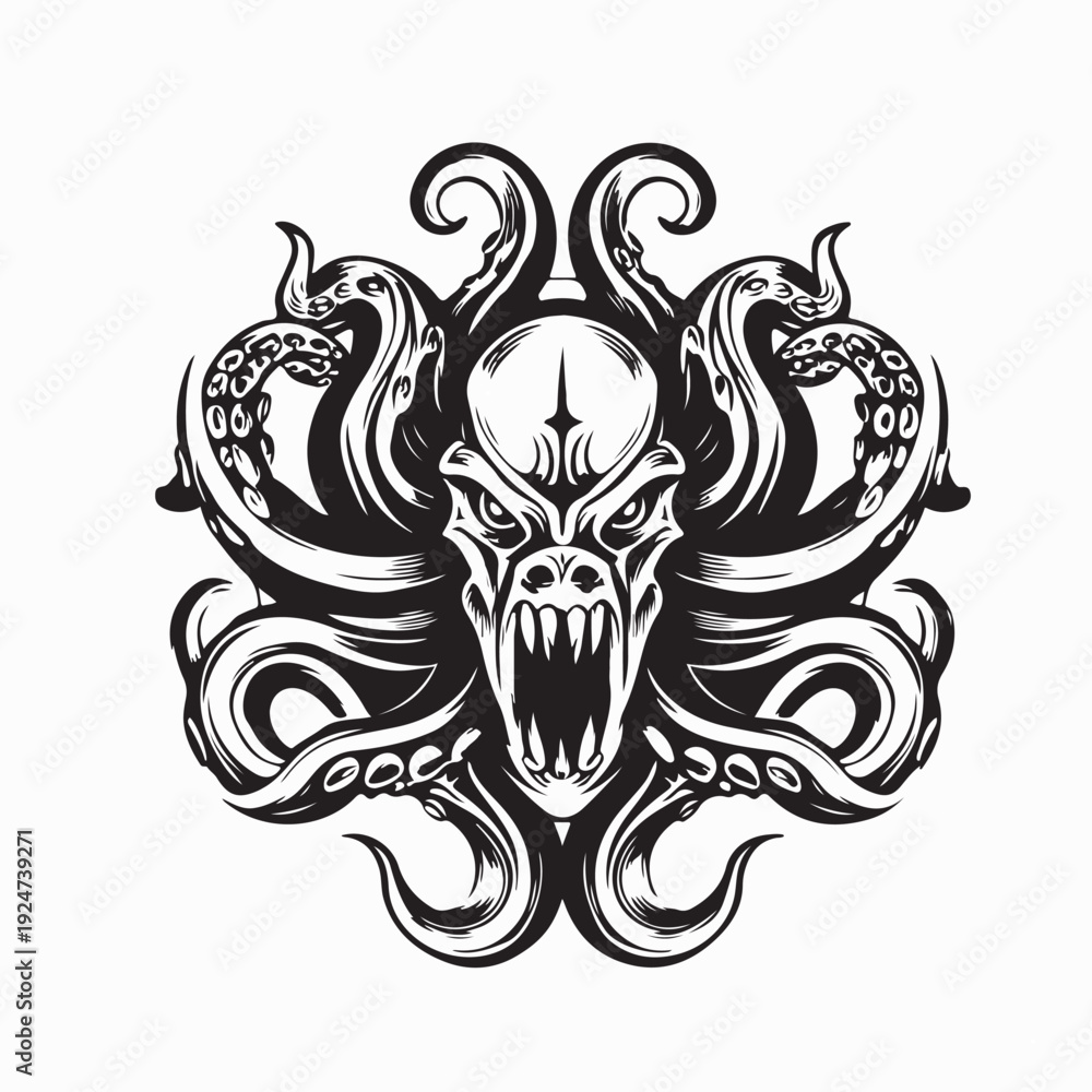 Fototapeta premium Horror Octopus Creature with Sharp Teeth Vector Illustration