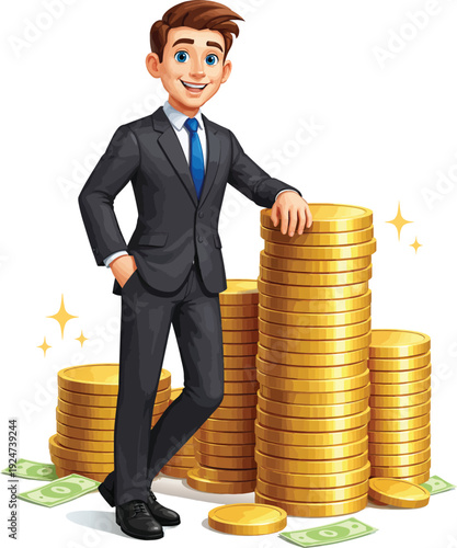 Professional man standing beside a large stack of gold coins and money