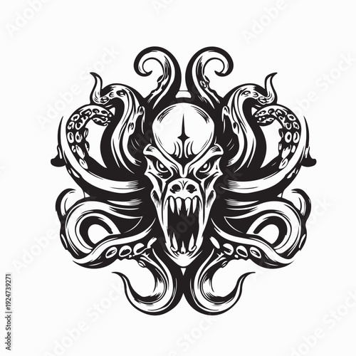 Horror Octopus Creature with Sharp Teeth Vector Illustration
