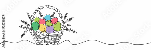 Easter basket colorful eggs line drawing spring holiday, Easter single line drawing with color accents on white background