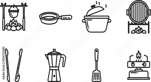 Various kitchen utensils and appliances arranged in a grid Vector