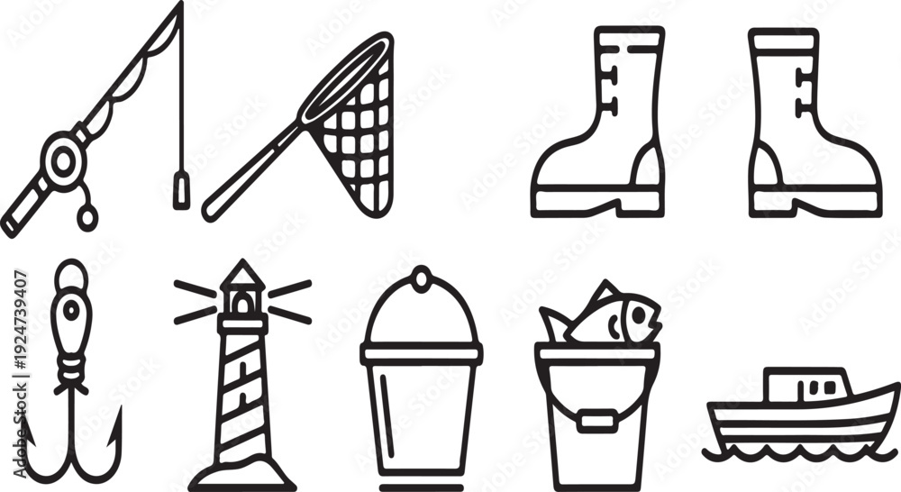 Obraz premium Assorted fishing and boating equipment and accessories displayed in a row Vector