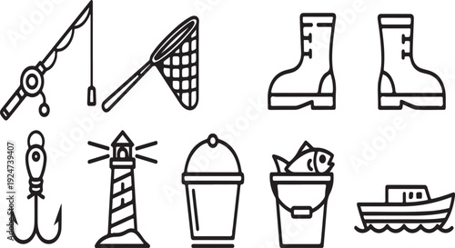 Assorted fishing and boating equipment and accessories displayed in a row Vector