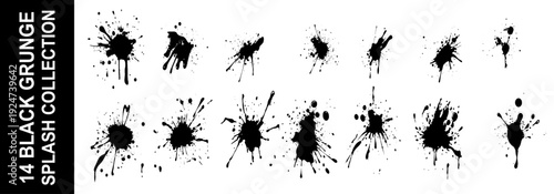 Black ink splatter isolated on white background. Vector watercolor paint brush texture. Ink splash and stain set. Grunge spray drop spatter, dirty blot splatters and splat. Abstract splash blobs