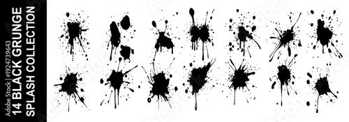 Black ink splatter isolated on white background. Vector watercolor paint brush texture. Ink splash and stain set. Grunge spray drop spatter, dirty blot splatters and splat. Abstract splash blobs