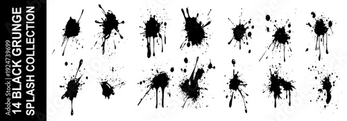 Splatter Set. Paint Brush Spatter, Ink Splash. Black Splat Grunge. Stain Texture Collection. Dirty Blot, Liquid Blob, Messy Inkblot. Abstract Design Element. Isolated Vector Illustration