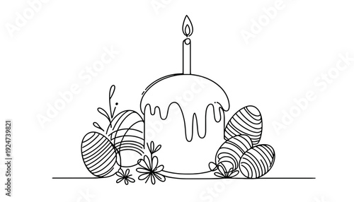 Easter cake with candle and decorated eggs single line drawing