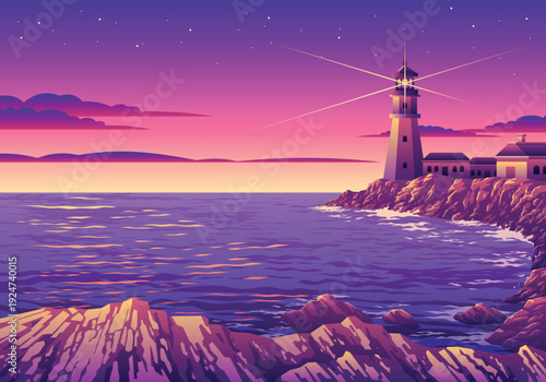 Beautiful Sunset Arctic Or Antartic Iceberg Landscape Illustration