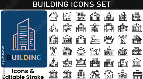 Building icons set, city architecture symbols, editable stroke vector, urban infrastructure, public facilities, school hospital bank mall, real estate construction, line illustration pack