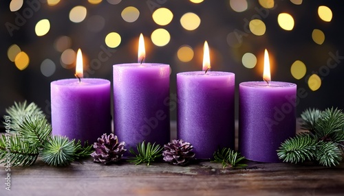 Advent Four Purple Candles With Fir Branches And Bokeh Lights