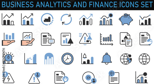 Business analytics and finance icons set, data charts, investment growth, piggy bank savings, document reports, laboratory research, blue vector illustration