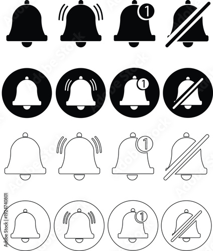 This black bell icon set presents a simple and modern silhouette that clearly represents alerts, notifications, and reminders. Designed in solid black with smooth curves and balanced proportions.